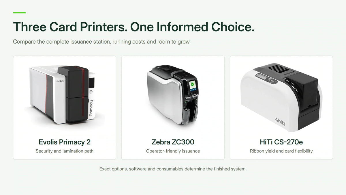 Genuine Evolis Primacy 2, Zebra ZC300 and HiTi CS-270e product photographs given equal space in a three-way card-printer comparison