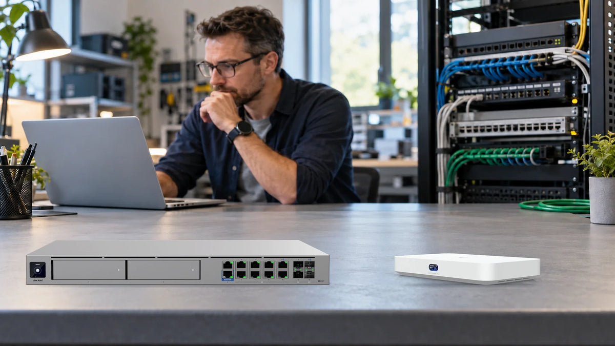 Genuine UDM-Beast and UCG-Fiber product photographs on an editorial network-planning workbench