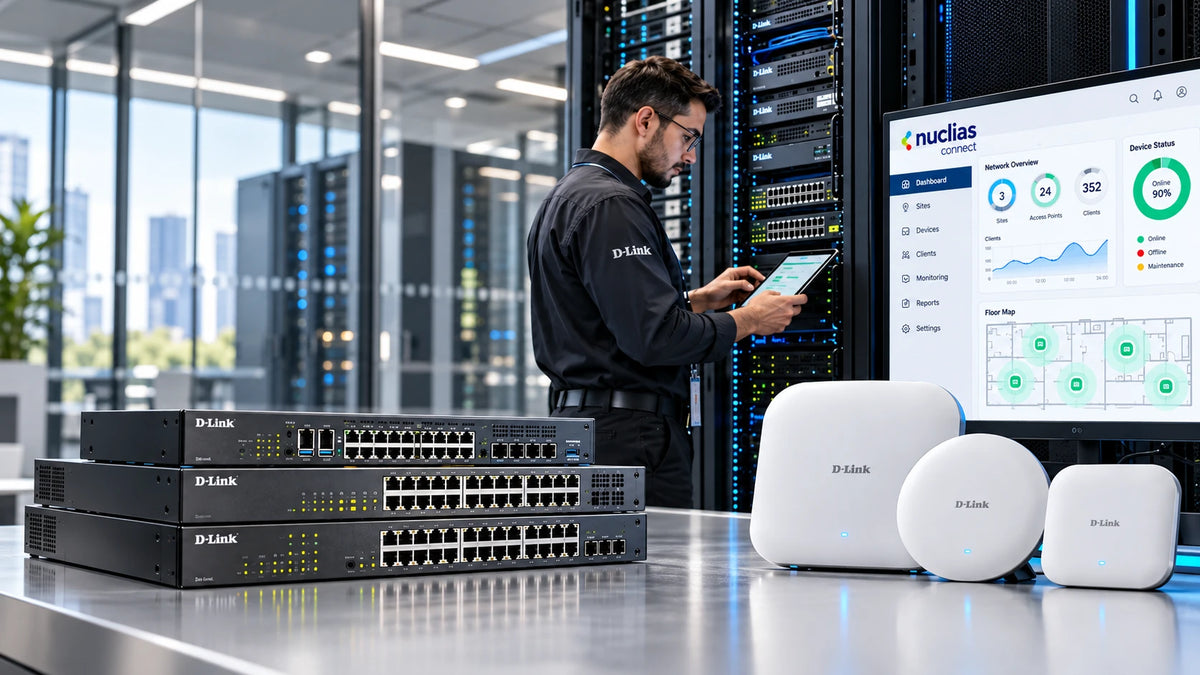 D-Link enterprise switches and wireless access points with an engineer in a server room