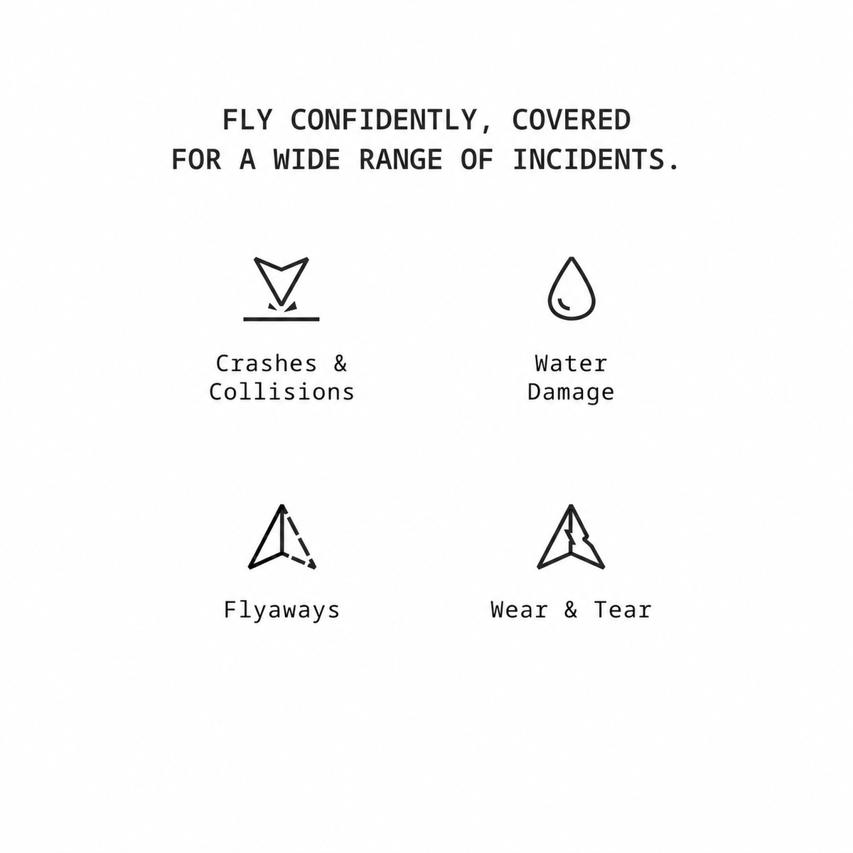 Antigravity Care incident categories showing crashes, water damage, flyaways and wear and tear on white