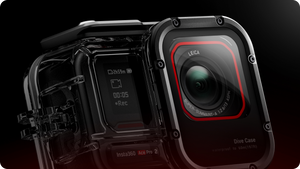 Insta360 Ace Pro 2 Dive Case coated-glass optical-window detail with an illustrative camera