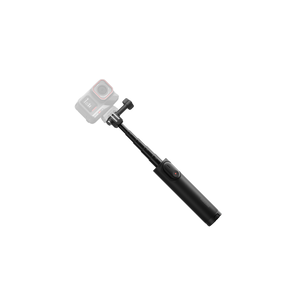 Black Mini 2-in-1 Tripod 2.0 held as a selfie stick with illustrative camera