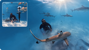 Insta360 Dive Buddy manufacturer 360 viewpoint illustration with an inset camera position