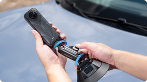 Insta360 Electric Suction Cup Mount installing a camera and adjusting the ball-head connection, camera sold separately