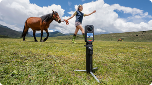 Insta360 Foldable Selfie Stick Remote Kit Extended Edition built-in tripod used for an outdoor group recording example