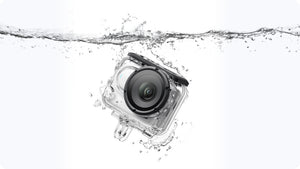Insta360 GO 3/GO 3S Dive Case manufacturer housing and water-splash illustration with a separate camera