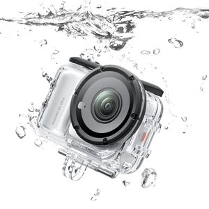 Insta360 GO Ultra Dive Case housing with an illustrative camera and water-splash effect, camera sold separately