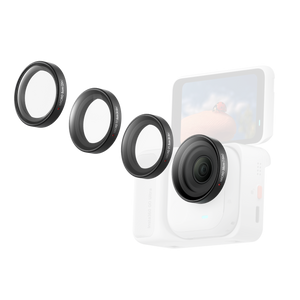 Insta360 GO Ultra Micro Lens Kit four-lens arrangement with an illustrative camera and Action Pod, camera and Pod sold separately
