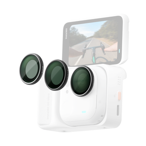 Insta360 GO Ultra ND Filter Set three filters with an illustrative GO Ultra camera and Action Pod, camera and Pod sold separately