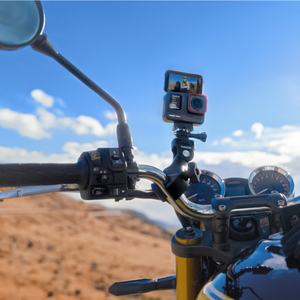Insta360 Heavy Duty Clamp direct camera mounting on a motorcycle handlebar, camera sold separately