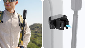 Insta360 Selfie Stick Holster stick insertion and backpack-strap attachment illustration
