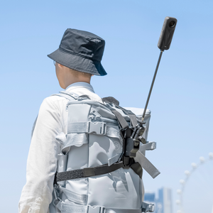 Insta360 Third-Person Backpack Mount rear wearing arrangement with an illustrative backpack and camera