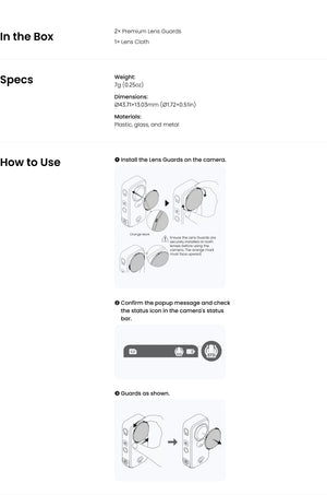 Insta360 X6 Lens Guards official package specifications and illustrated fitting instructions