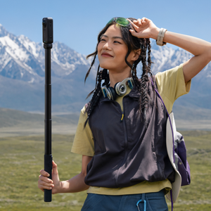 Insta360 X6 Power Selfie Stick hiking application with camera and mounting equipment shown for illustration