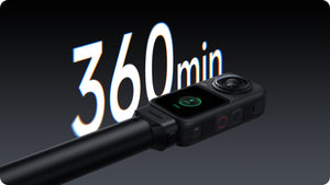 Insta360 X6 Power Selfie Stick manufacturer graphic illustrating conditional extended recording time