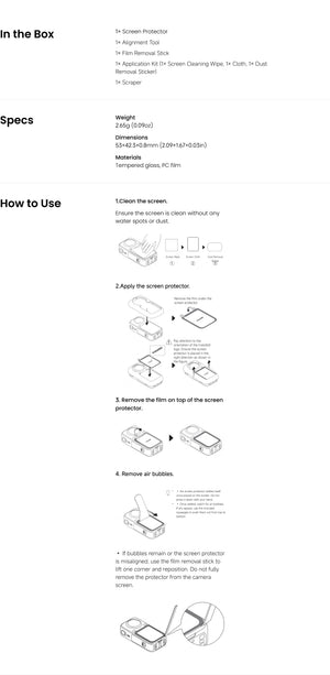 Insta360 X6 Screen Protector official package specifications and illustrated fitting instructions