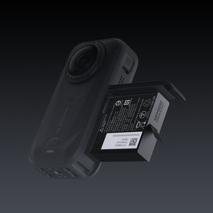 Insta360 X6 Xtreme Battery battery shown beside a compatible camera