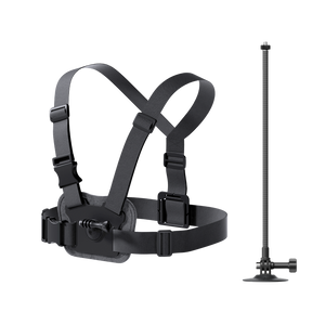Snow camera mounting kit with chest strap and helmet extension rod