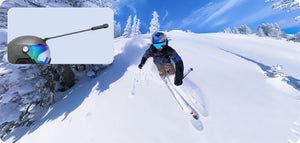 Helmet extension view alongside a mountain snow-sport scene