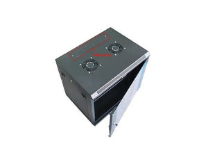 Tough 12U Wall Mount Server Cabinet, from above with ventilation fan openings and glass door open