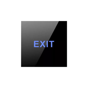 Tough no-touch flat-glass exit button with illuminated blue EXIT display