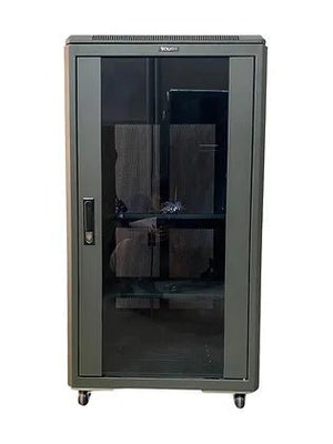 Tough 21U CX Server Equipment Rack, angled view with closed mesh front doors