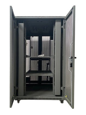 Tough 21U XL Server Equipment Rack, straight-on interior view with front and rear doors open
