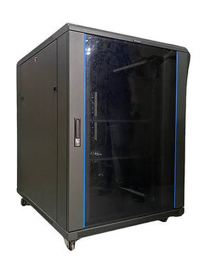 Tough 21U XL Server Equipment Rack, angled view with closed glass front door