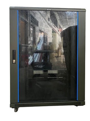 Tough 21U XL Server Equipment Rack, straight-on view with closed glass front door