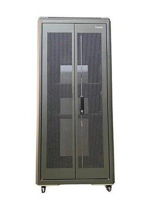 Tough 27U CX Server Equipment Rack, straight-on view with closed mesh front doors