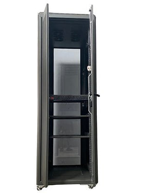 Tough 36U CX Server Equipment Rack, straight-on interior view with glass front door open