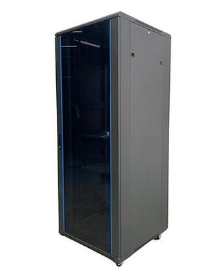 Tough 36U XL Server Equipment Rack, angled view with closed glass front door