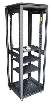 Tough 42U CX Server Equipment Rack, alternate straight-on glass-door view with rack rails visible
