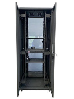 Tough 42U XL Server Equipment Rack, straight-on interior view with front and rear doors open