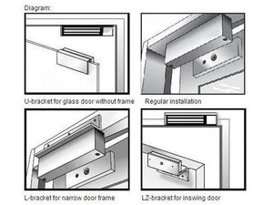 Tough electromagnetic lock installation diagrams with mounting brackets