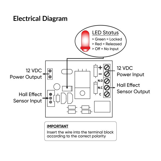Tough electromagnetic lock electrical diagram with LED and Hall Effect sensor