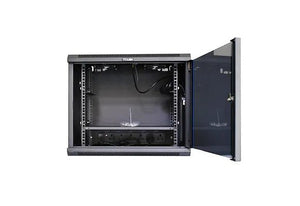 Tough 9U Wall Mount Server Cabinet, with glass front door open, straight-on view