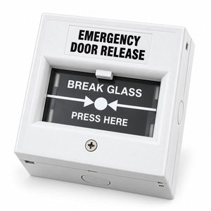 Tough emergency break-glass door release in white, angled front view with English presentation markings