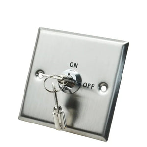 Tough Stainless Steel Door Exit Release and Override Switch with Key, stainless-steel keyed door override switch with two keys, angled view