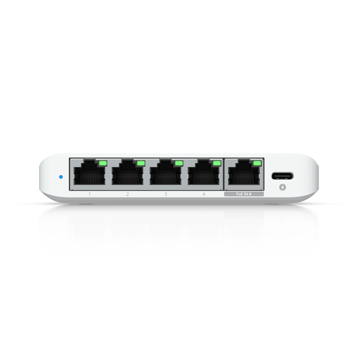 Ubiquiti USW-Flex-2.5G-5 front view showing PoE and USB-C inputs