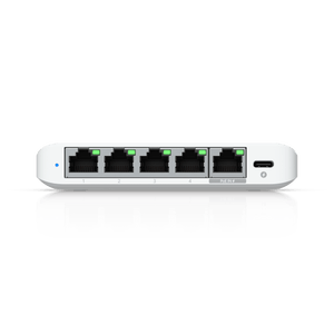 Ubiquiti USW-Flex-2.5G-5 front view showing PoE and USB-C inputs