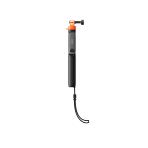 Retracted remote selfie stick with wrist strap and camera mount