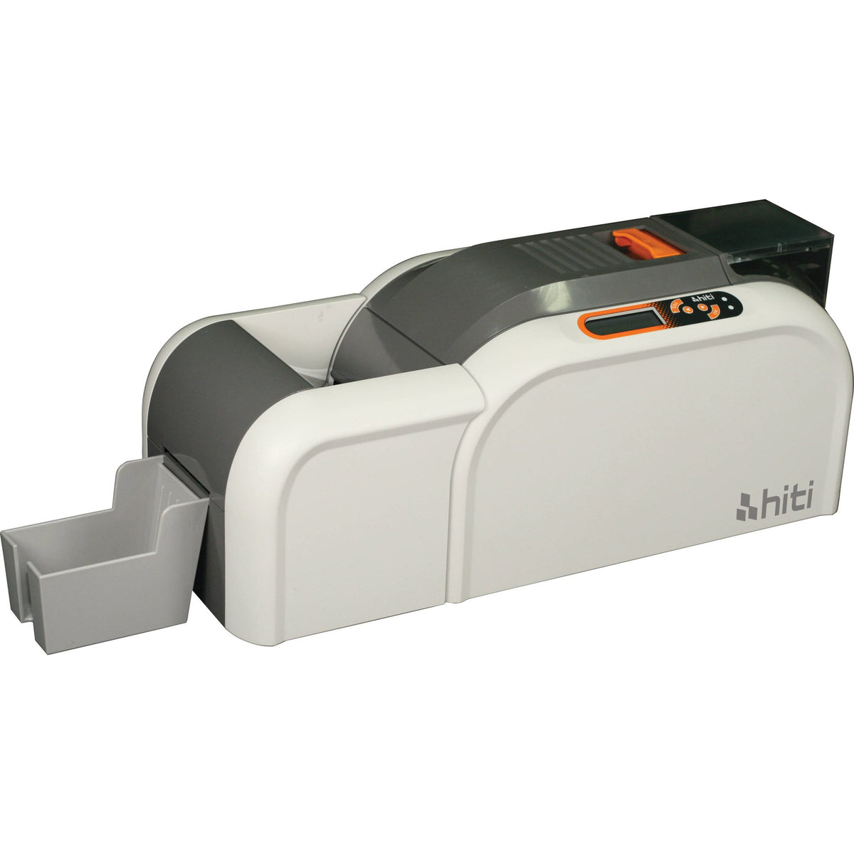 HiTi CS-200e card printer shown with optional flipper module and output tray