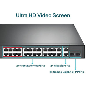 TP-Link TL-SL1226P 24-Port 10/100Mbps + 2-Port Gigabit 250m Long Range PoE+ Unmanaged Switch - ACE Peripherals
