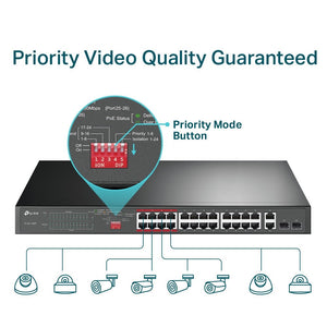 TP-Link TL-SL1226P 24-Port 10/100Mbps + 2-Port Gigabit 250m Long Range PoE+ Unmanaged Switch - ACE Peripherals