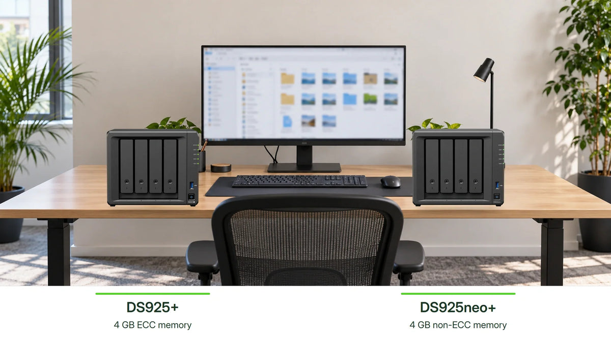 Original frontal Synology DS925+ at left and DS925neo+ at right on a computer work desk, with a monitor, keyboard and separate model and memory labels below the photograph