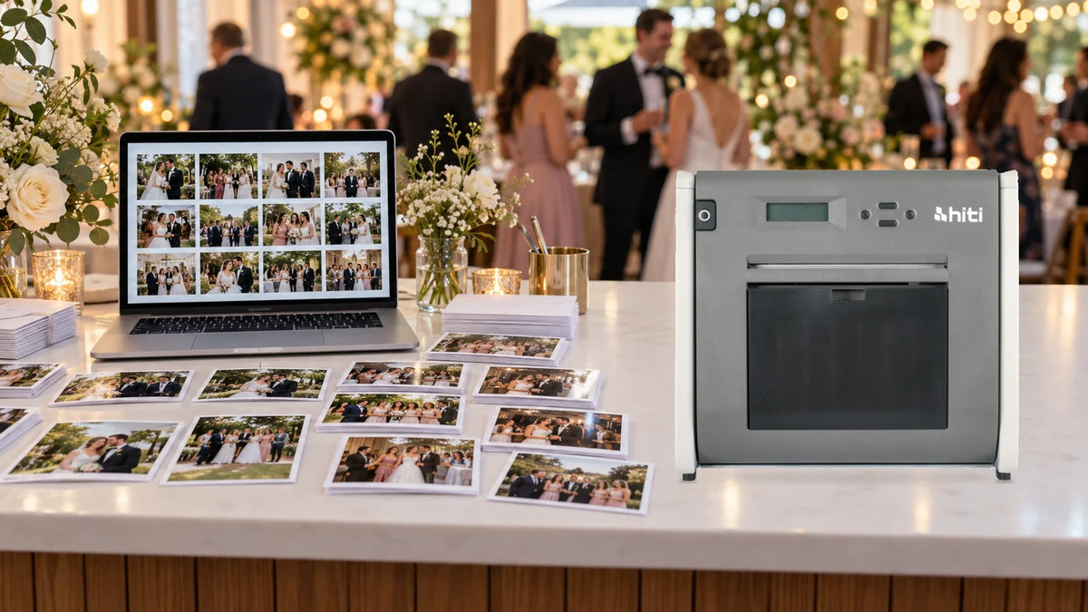 HiTi P525L beside a laptop at a wedding photo-printing table, with finished prints ready for guests