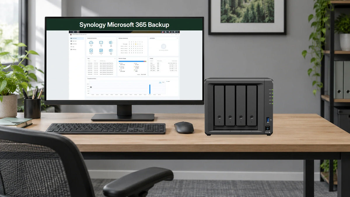 Straight-on original Synology DS925+ photograph on an office work desk beside the genuine Active Backup for Microsoft 365 application screen