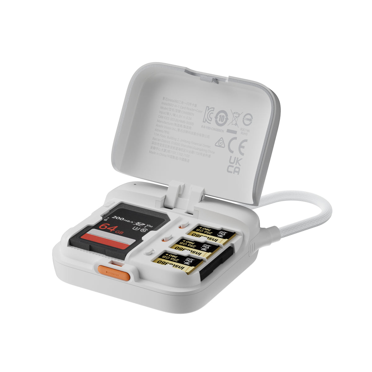 Insta360 2-in-1 Card Reader and Case open case storage illustration with cards shown separately
