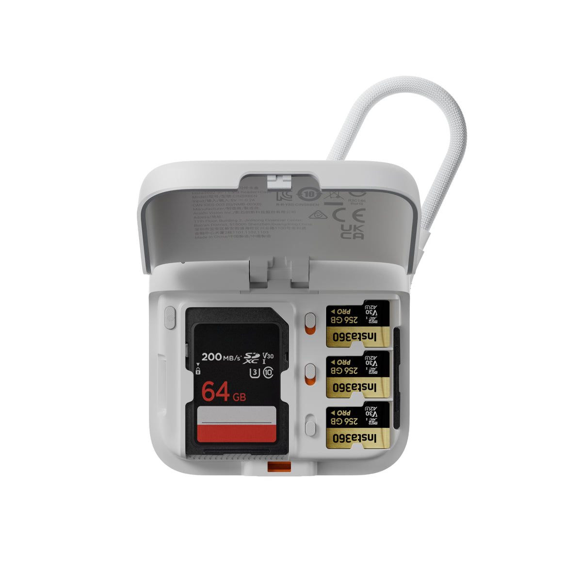 Insta360 2-in-1 Card Reader and Case card slots and status markers